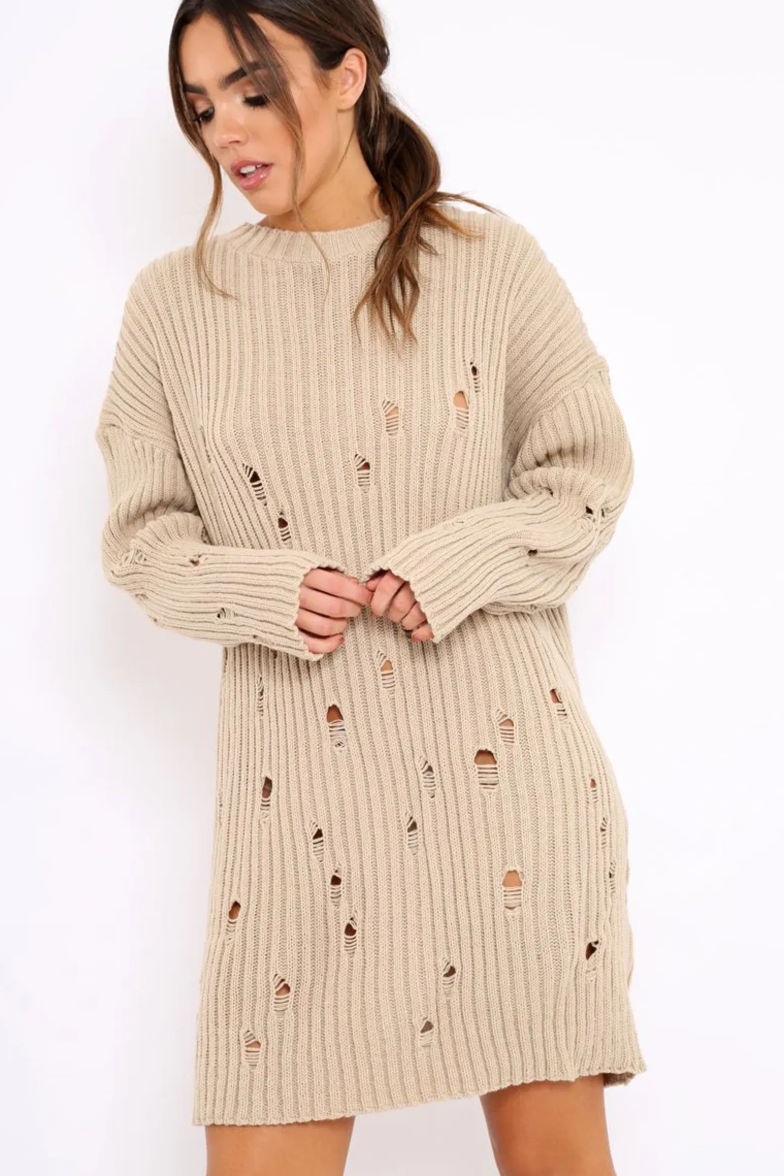Rebellious Fashion Beige Distressed Cable Knit Jumper Dress - Abea