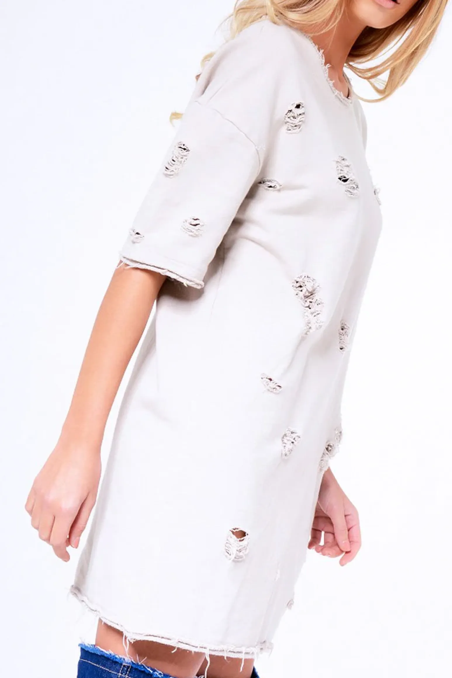 Rebellious Fashion Beige Distressed Detail Short Sleeved Jumper Dress - Cammie