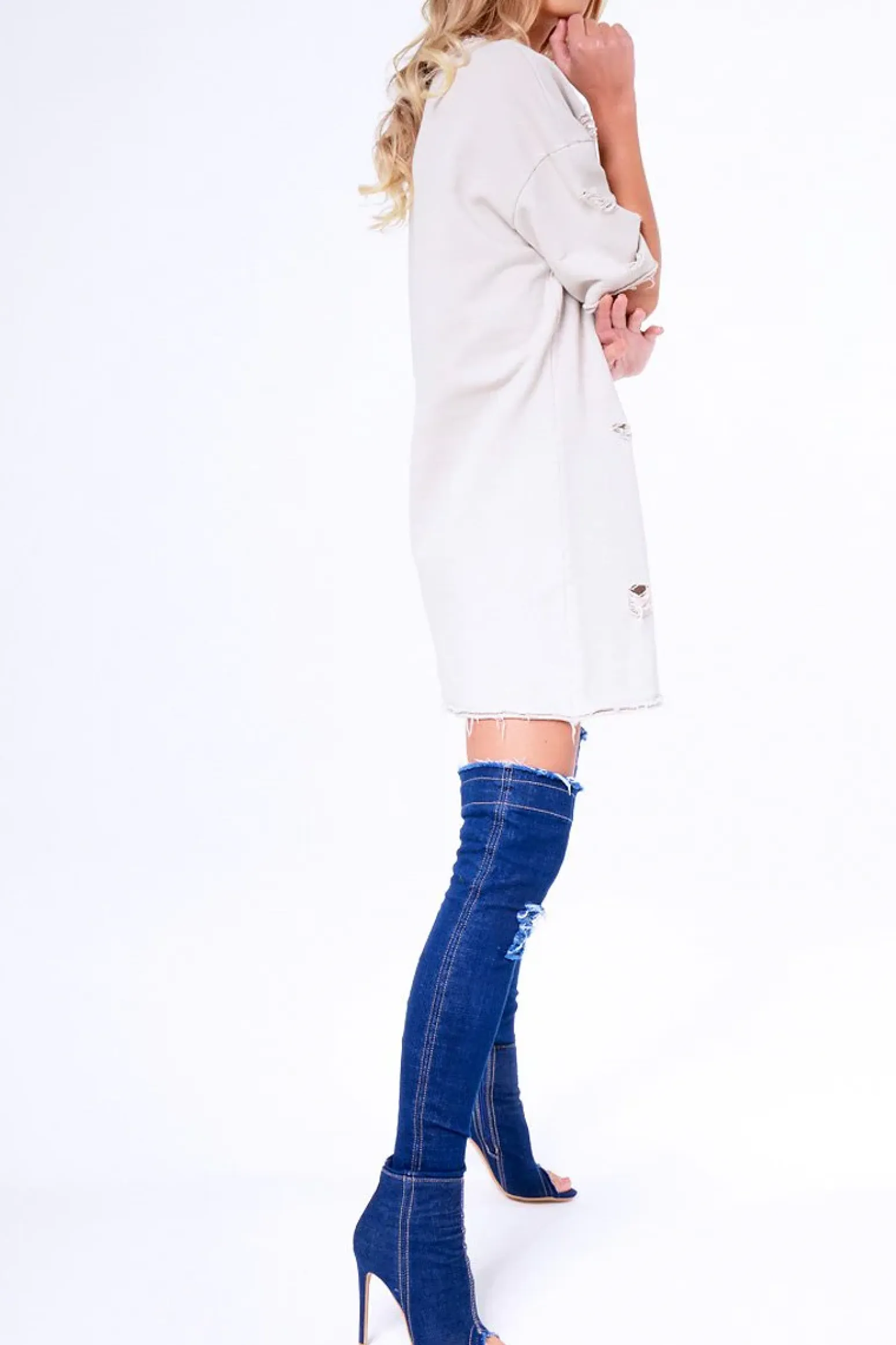 Rebellious Fashion Beige Distressed Detail Short Sleeved Jumper Dress - Cammie