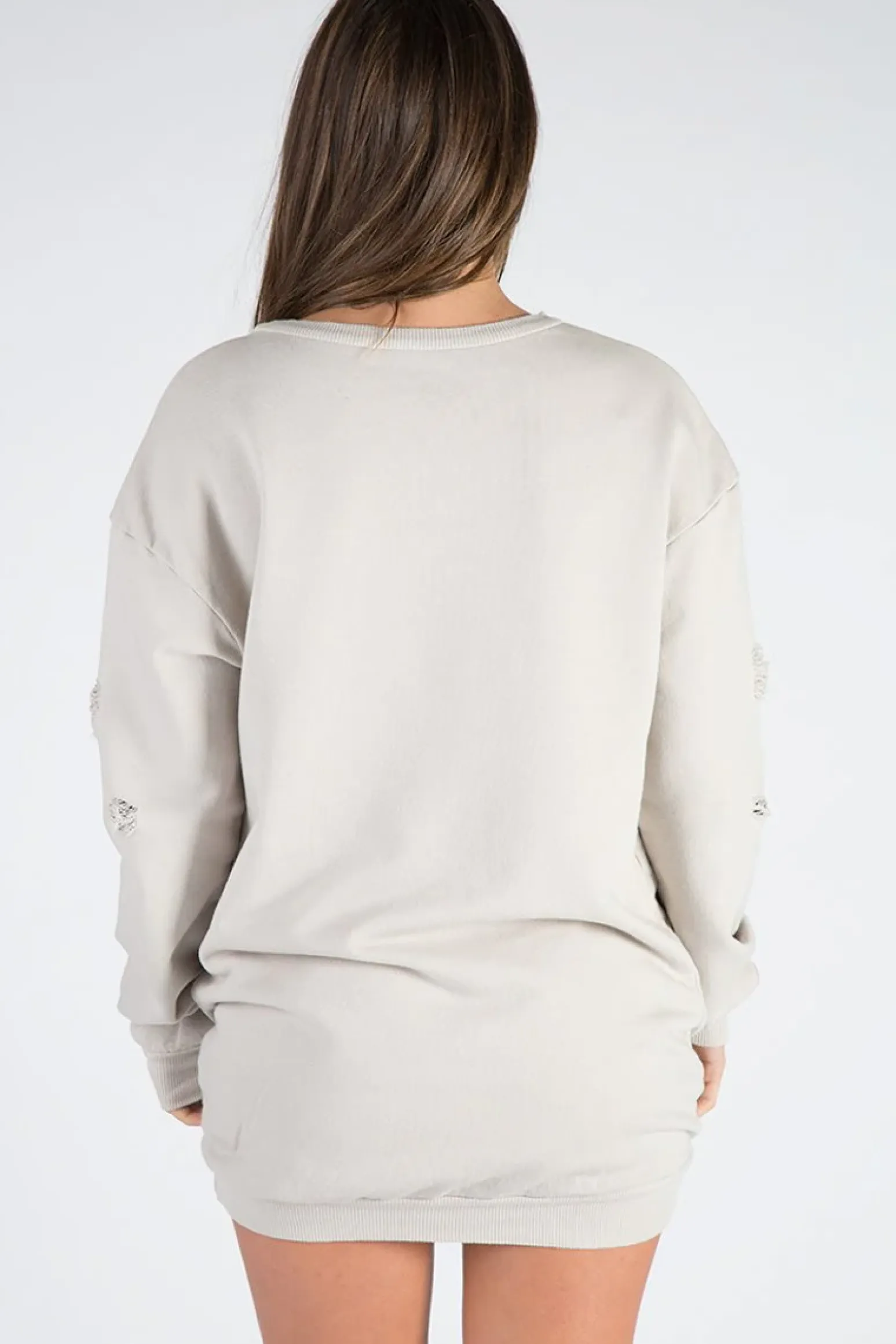 Rebellious Fashion Beige Distressed Detail Sweatshirt Jumper Dress - Ivy