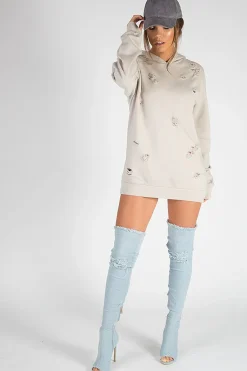 Rebellious Fashion Beige Distressed Oversized Hoodie - Khloe