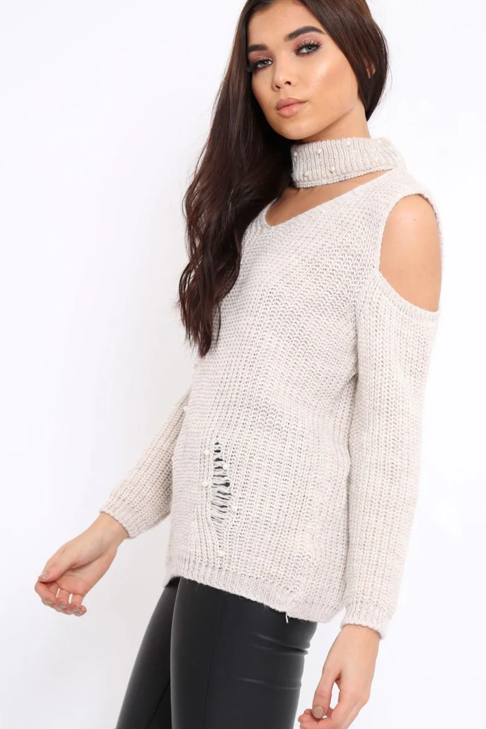 Rebellious Fashion Beige Distressed Pearl Chunky Knit Jumper - Narla