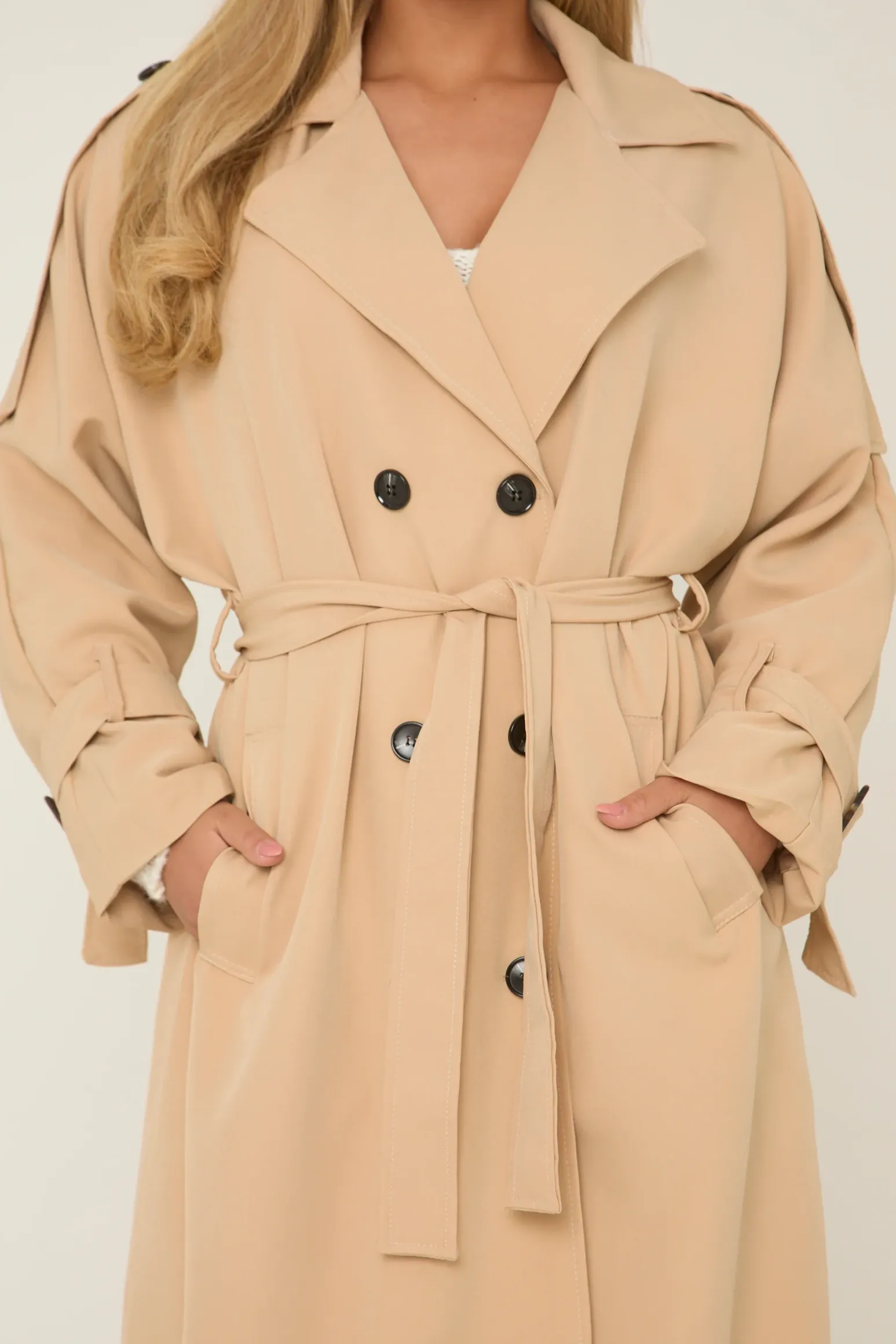 Rebellious Fashion Beige Double Breasted Tie Sleeve Longline Oversized Trench Coat - Annmarie