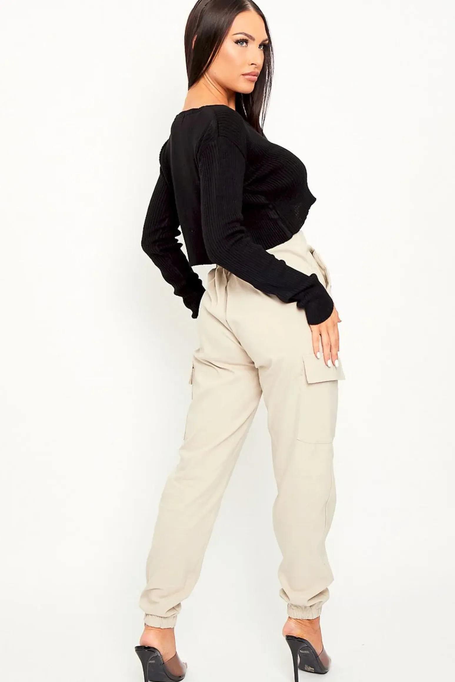 Rebellious Fashion Beige Elasticated Waist Cargo Trousers - Yalina