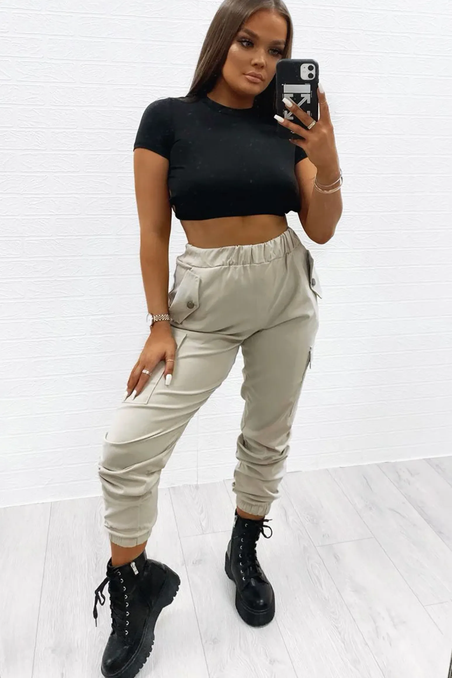 Rebellious Fashion Beige Elasticated Waist Cargo Trousers - Yalina