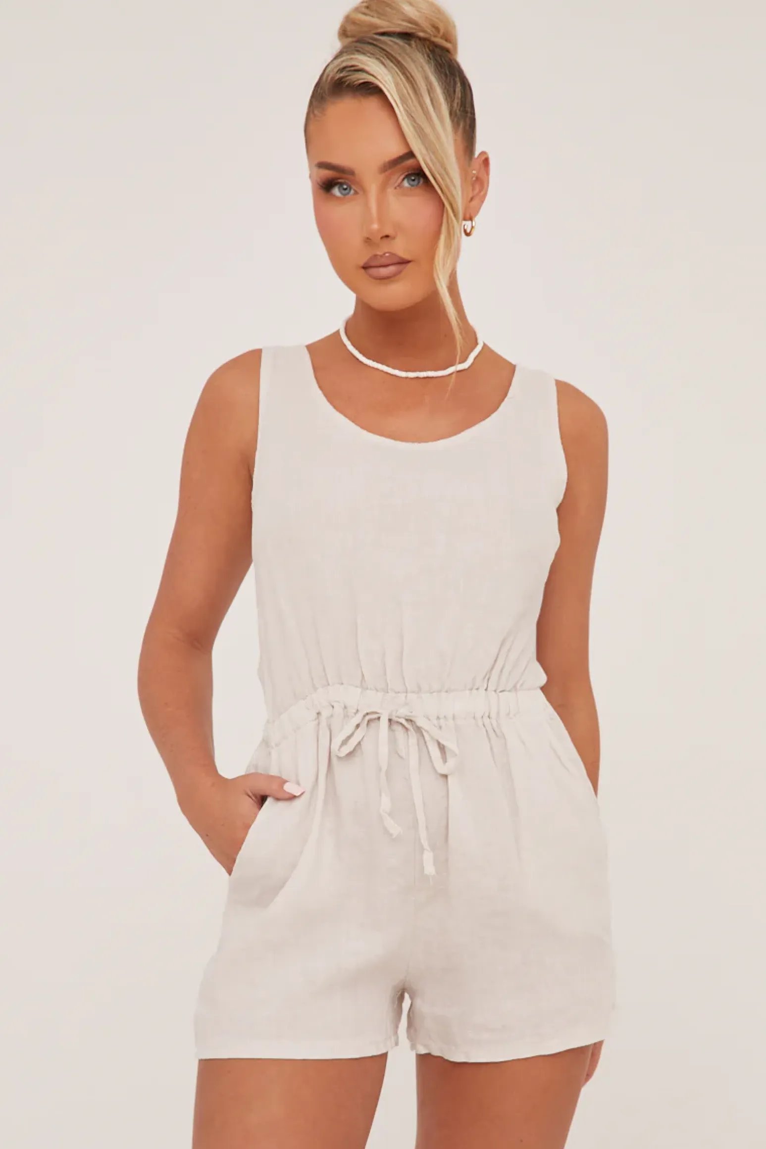 Rebellious Fashion Beige Elasticated Waist Tie Back Playsuit - Jovee