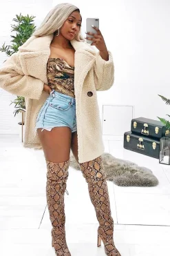 Rebellious Fashion Beige Faux Fur Button Front Teddy Coat - Aamna