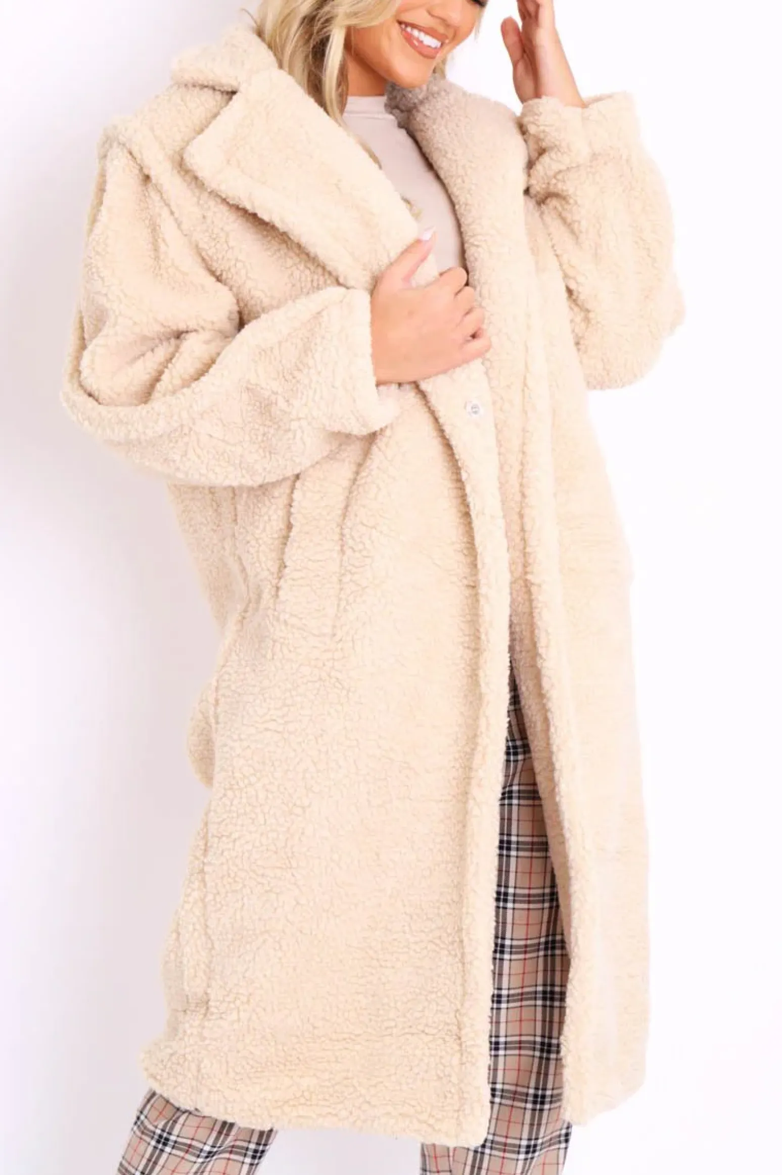 Rebellious Fashion Beige Faux Fur Button Front Teddy Coat - Aamna