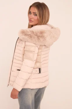 Rebellious Fashion Beige Faux Fur Hooded Puffer Jacket - Glory