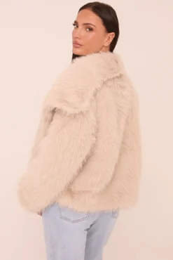 Rebellious Fashion Beige Faux Fur Long Sleeves Cropped Coat - Halo