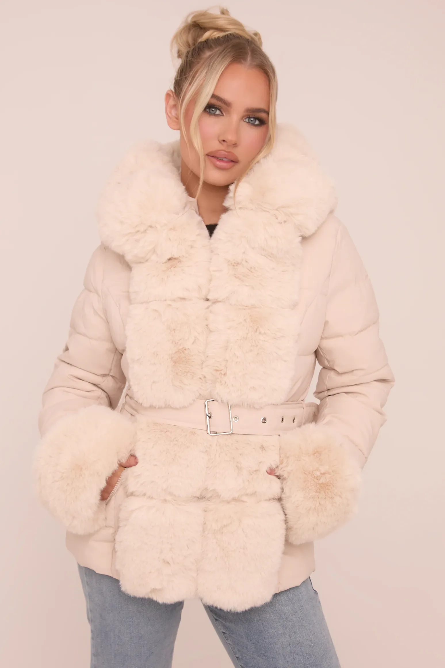 Rebellious Fashion Beige Faux Fur Trim Hooded Puffer Jacket - Betty