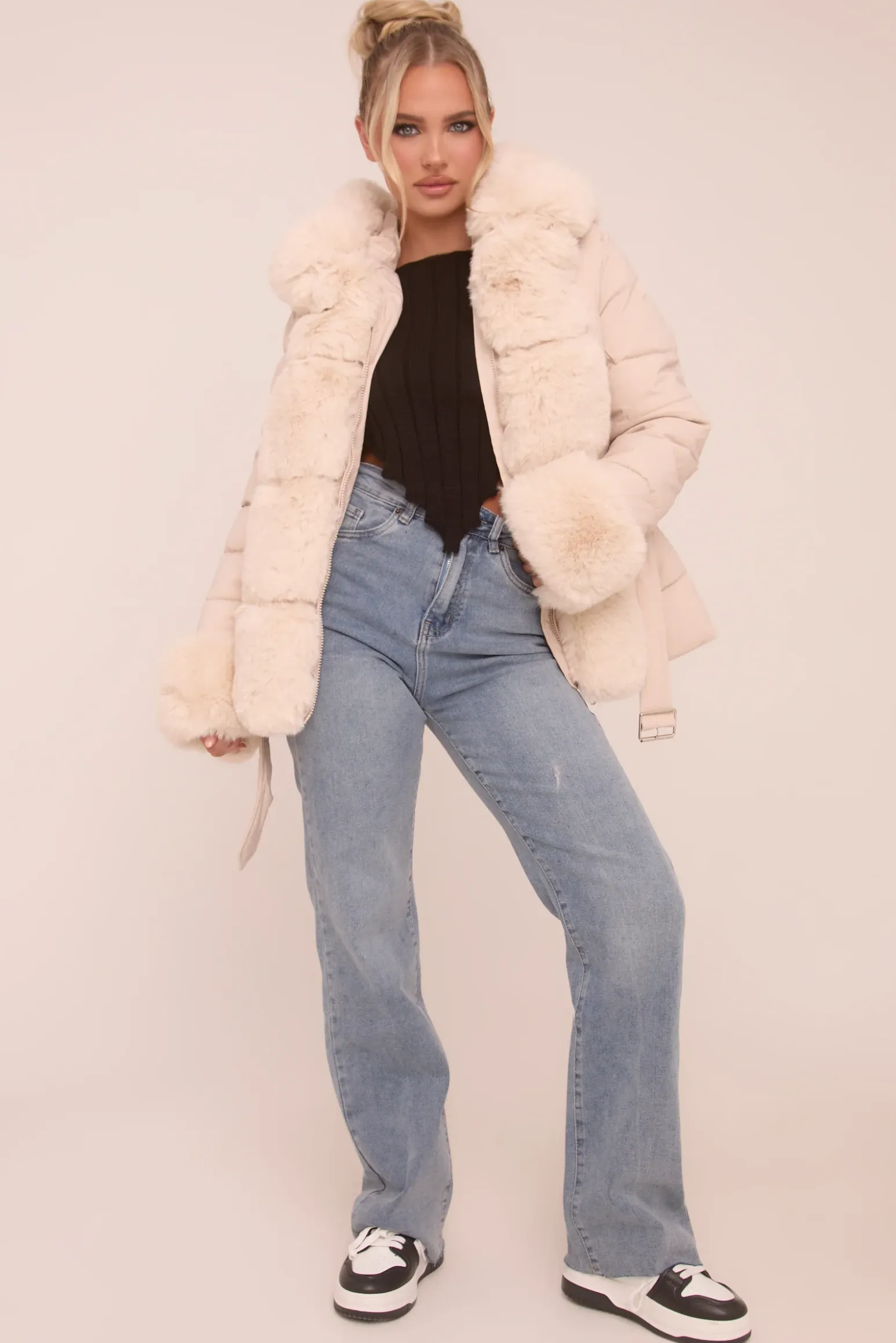 Rebellious Fashion Beige Faux Fur Trim Hooded Puffer Jacket - Betty