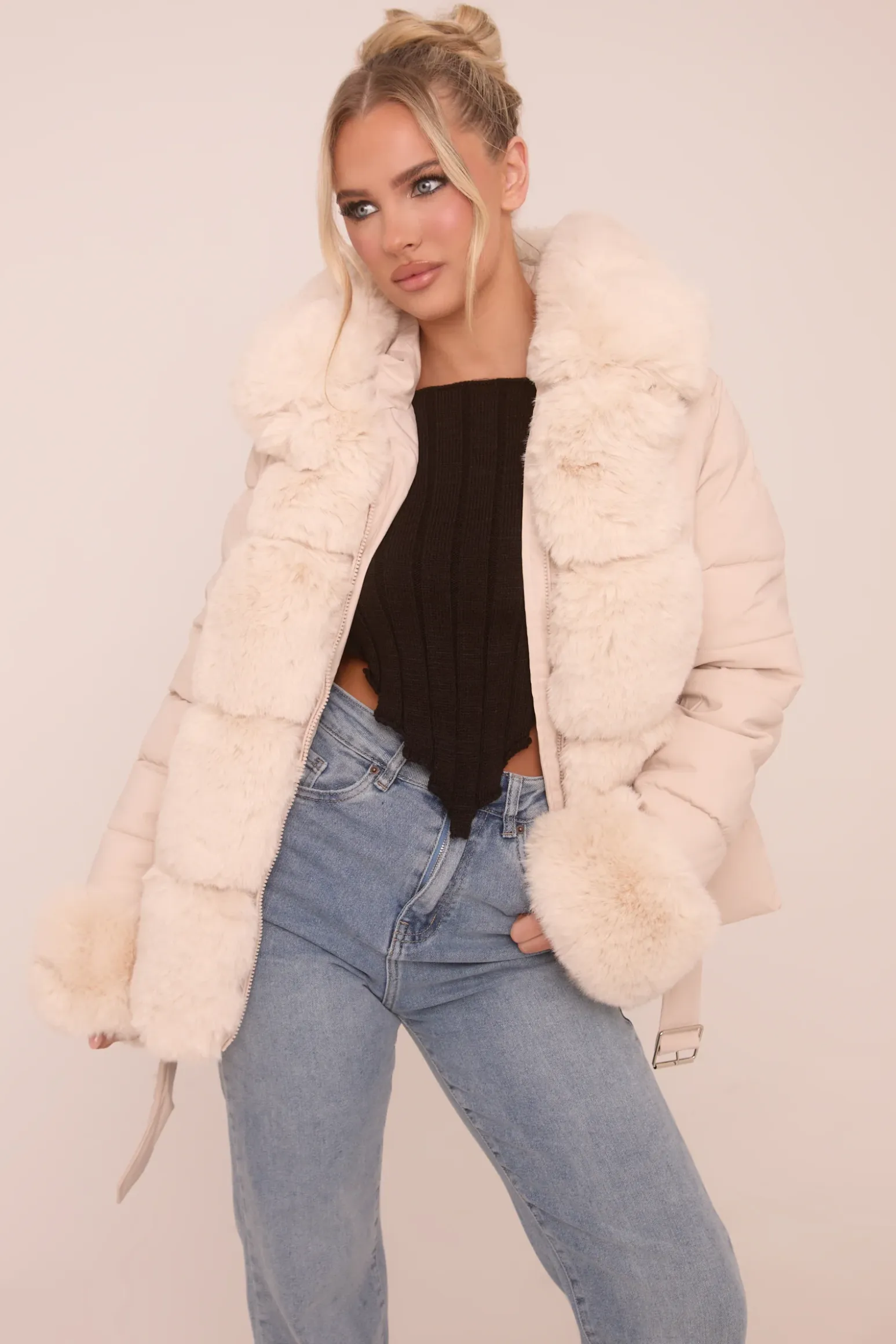 Rebellious Fashion Beige Faux Fur Trim Hooded Puffer Jacket - Betty