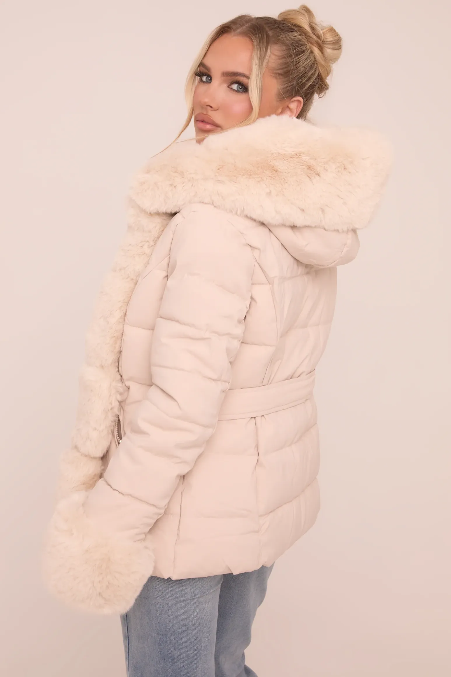 Rebellious Fashion Beige Faux Fur Trim Hooded Puffer Jacket - Betty