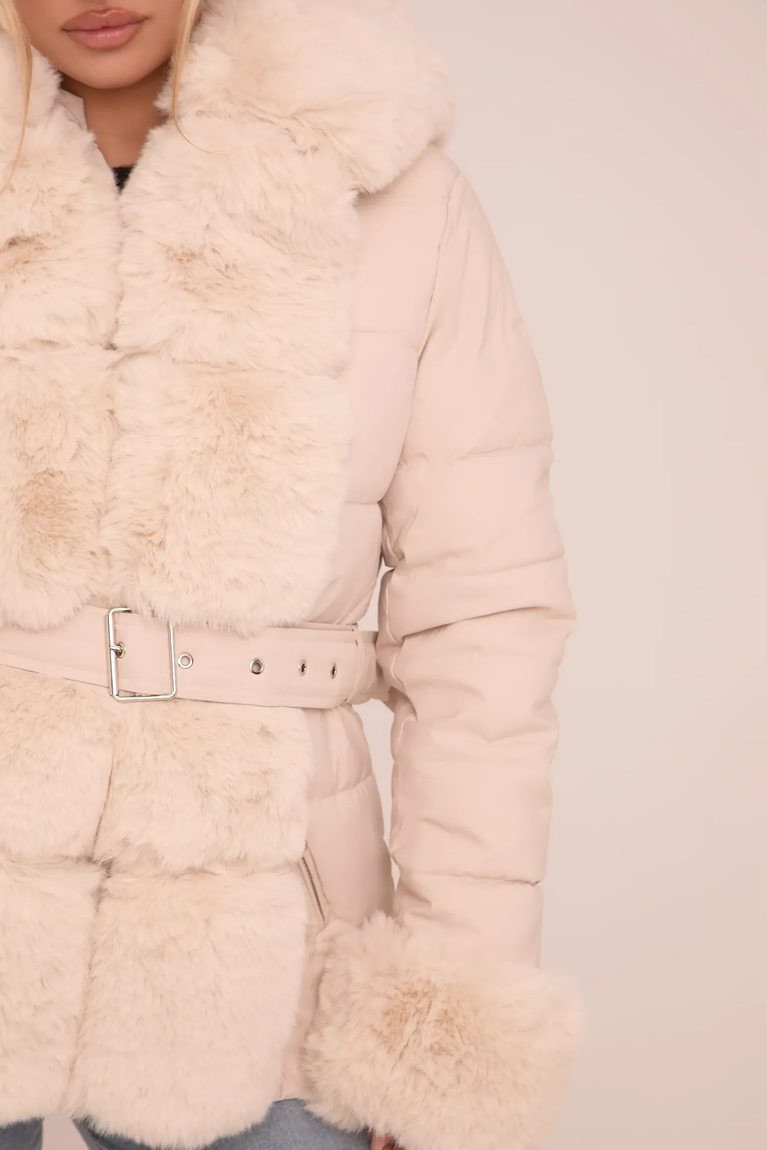 Rebellious Fashion Beige Faux Fur Trim Hooded Puffer Jacket - Betty