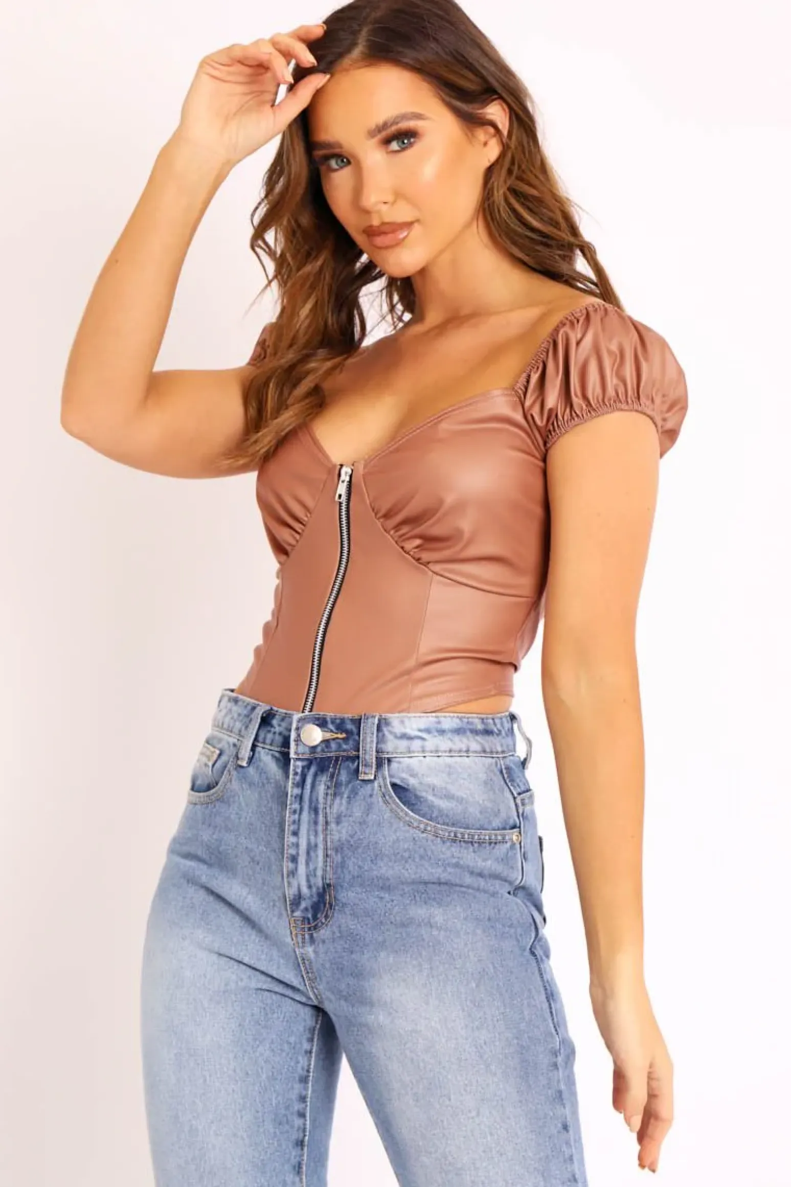 Rebellious Fashion Beige Faux Leather Corset Style Crop Top - Julisa