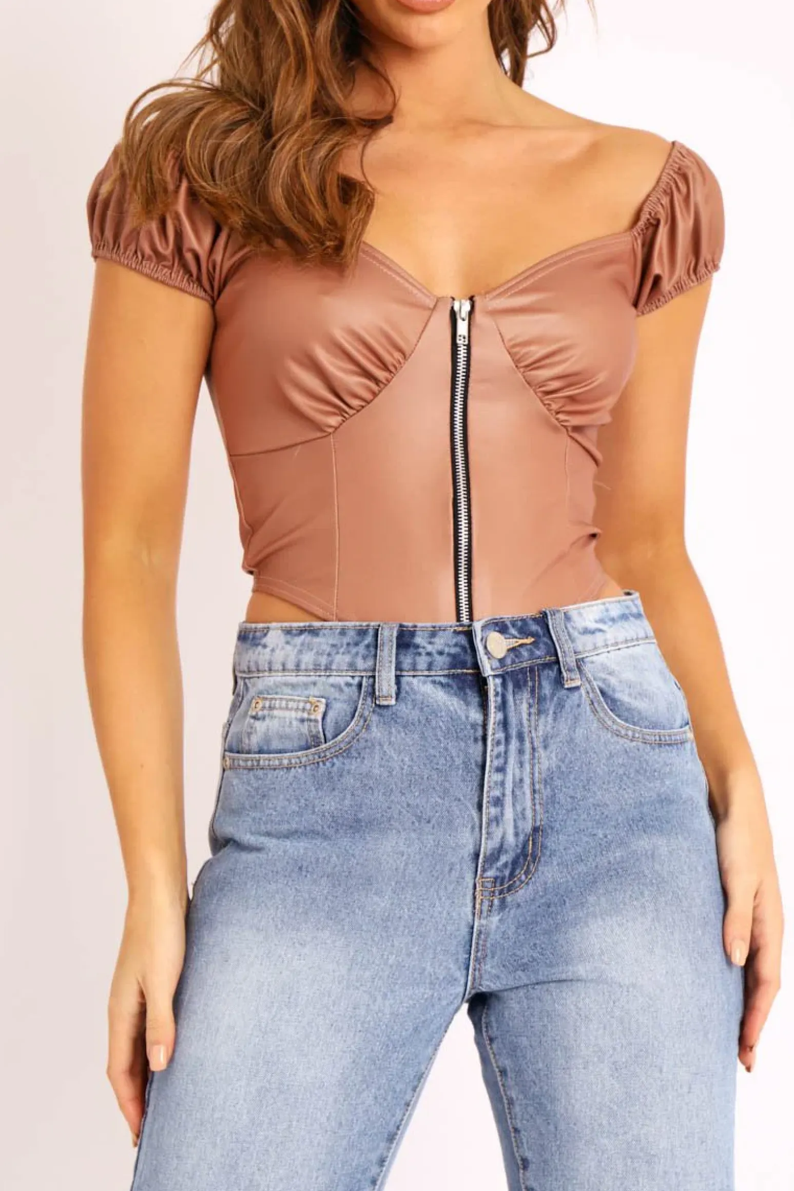 Rebellious Fashion Beige Faux Leather Corset Style Crop Top - Julisa