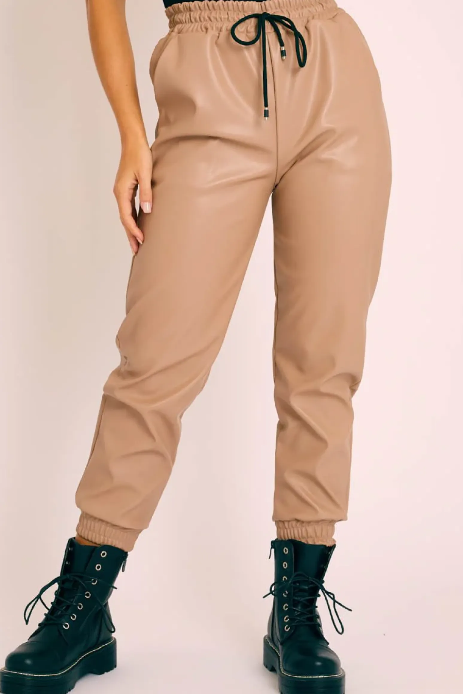 Rebellious Fashion Beige Faux Leather Drawstring Waist Joggers - Persia