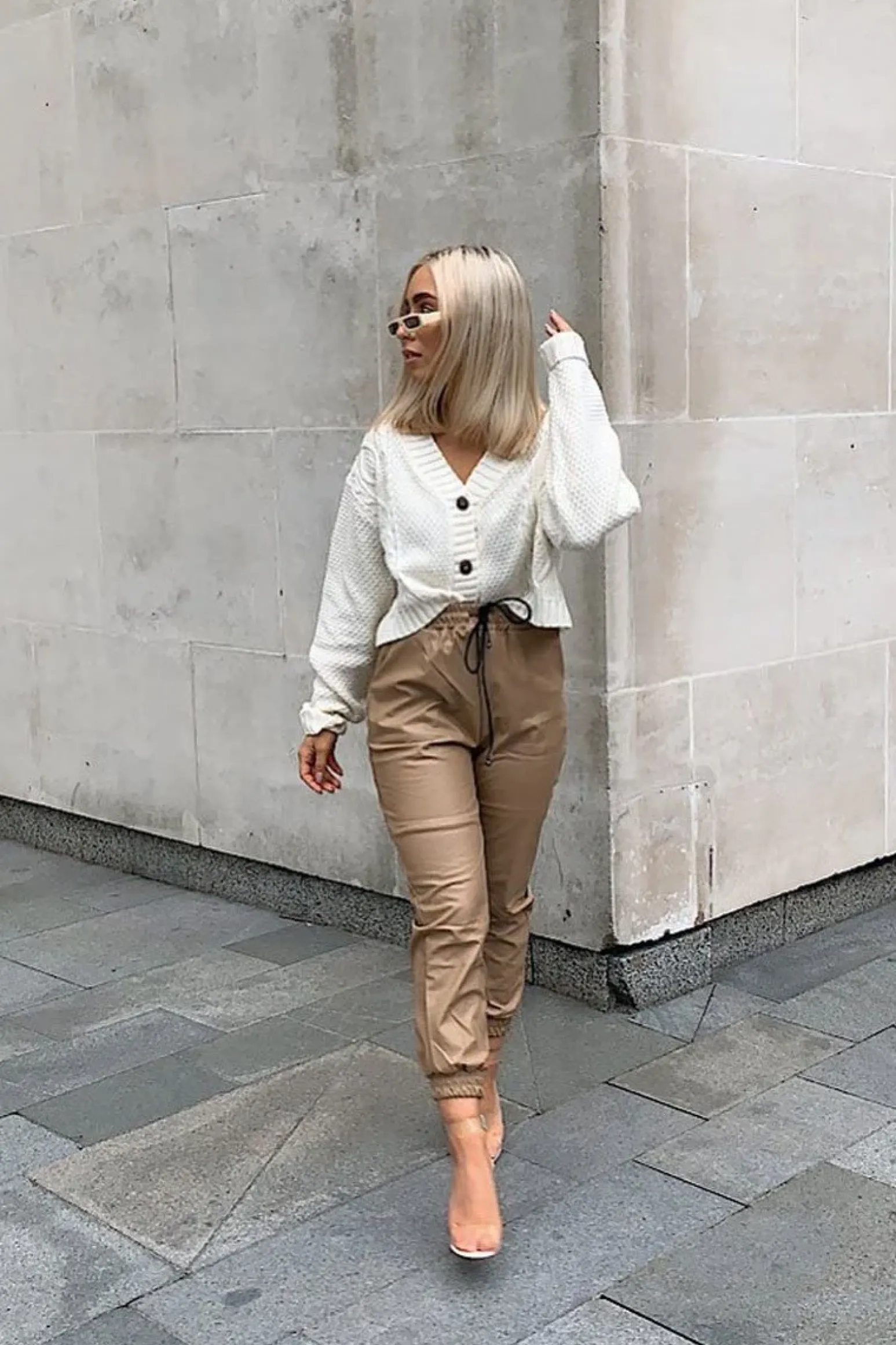 Rebellious Fashion Beige Faux Leather Drawstring Waist Joggers - Persia