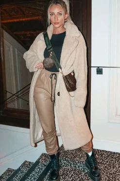 Rebellious Fashion Beige Faux Leather Drawstring Waist Joggers - Persia