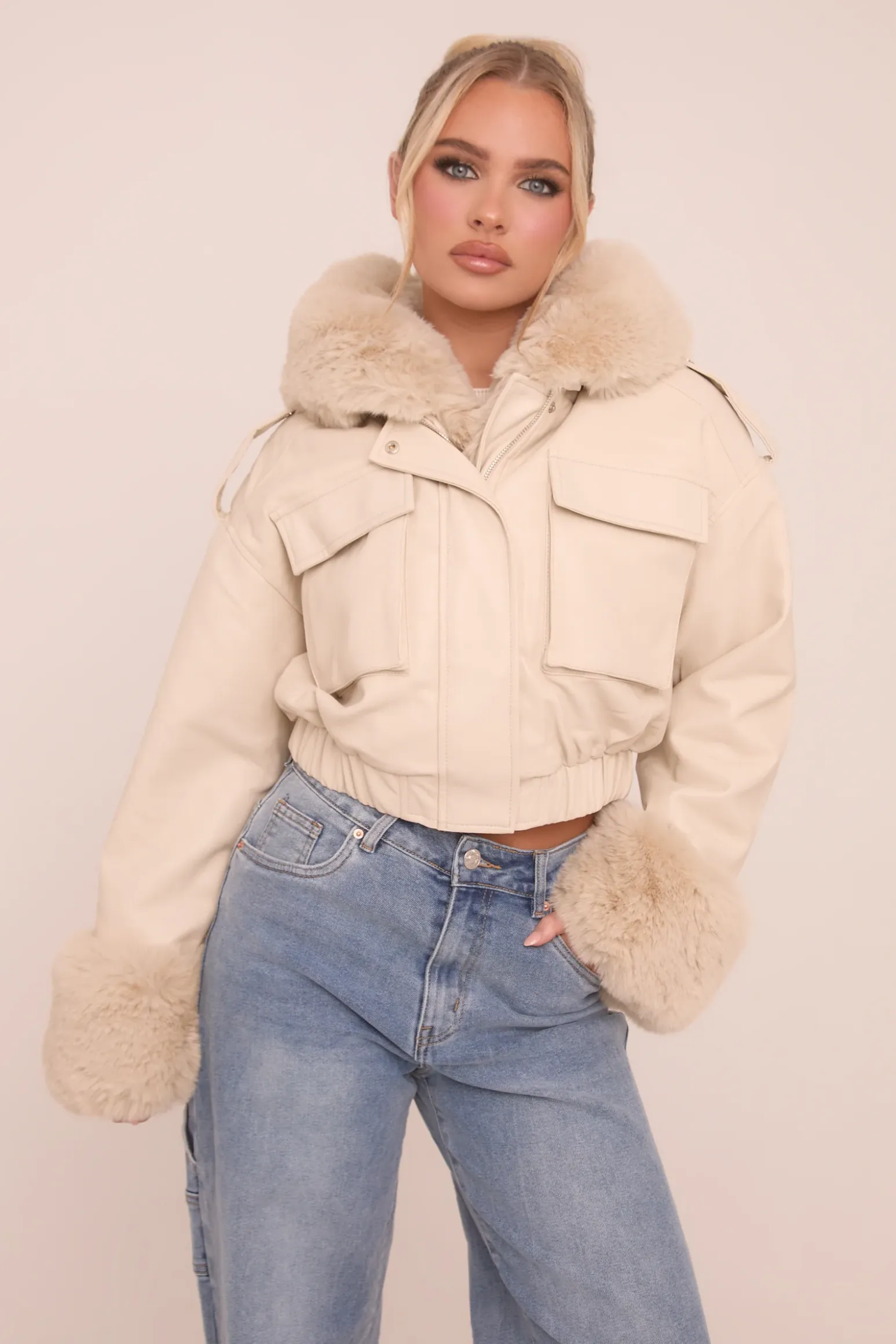 Rebellious Fashion Beige Faux Leather Fur Lined Bomber Jacket - Larna