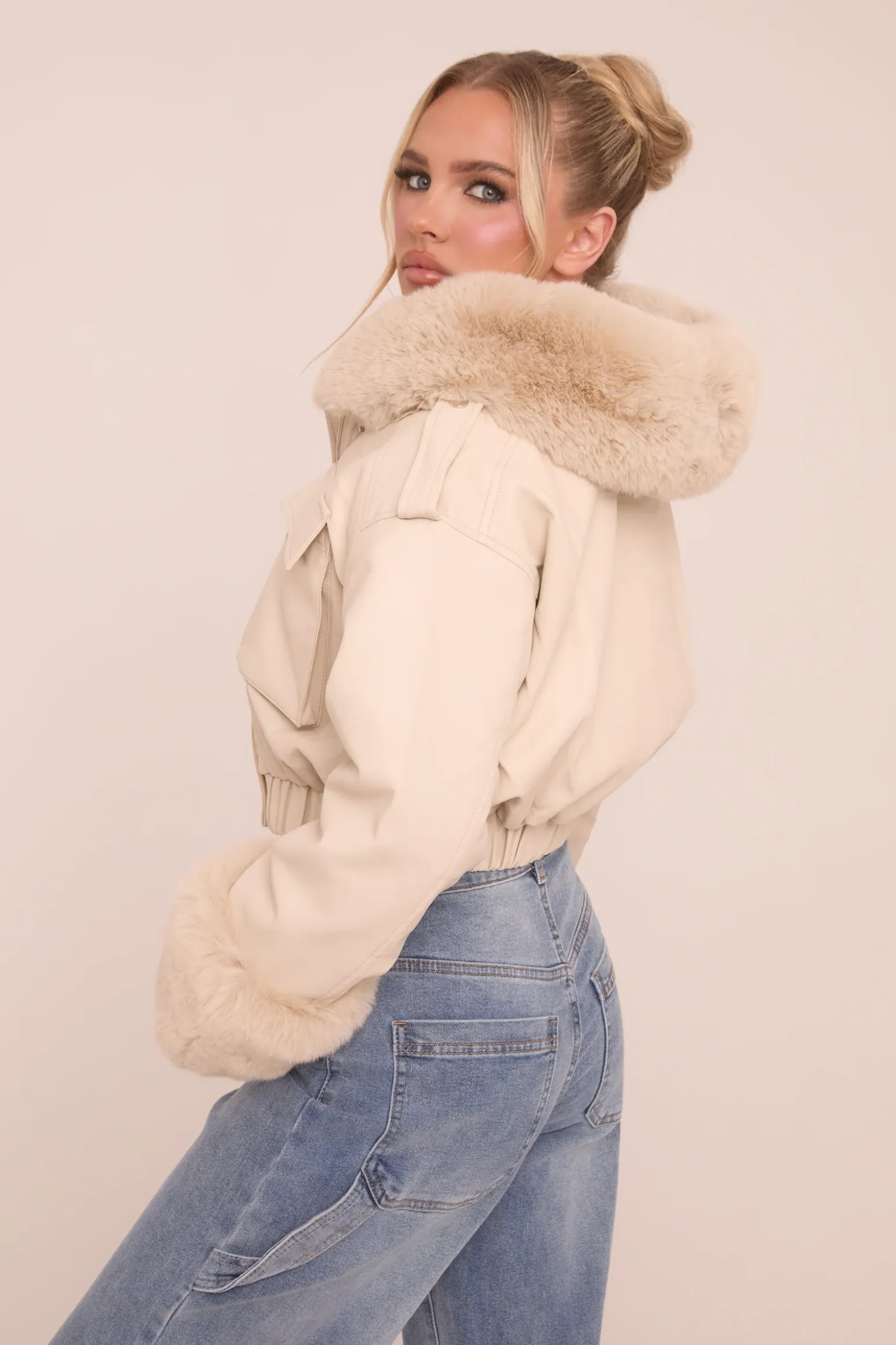 Rebellious Fashion Beige Faux Leather Fur Lined Bomber Jacket - Larna