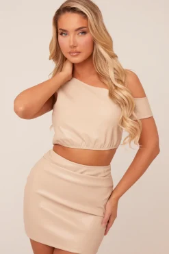 Rebellious Fashion Beige Faux Leather One shoulder Cropped Top & Mini Skirt Co-ord Set - Carissa