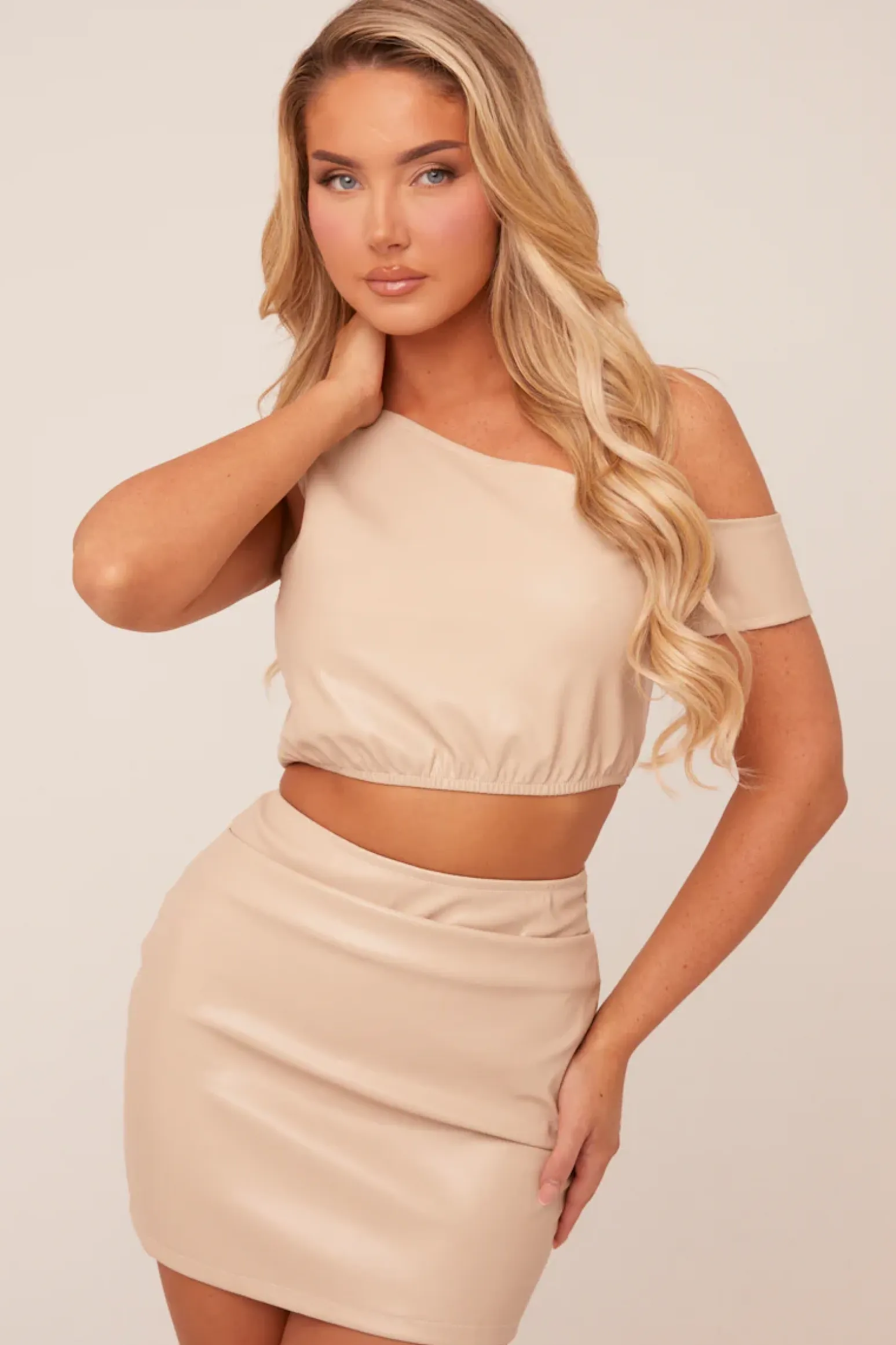 Rebellious Fashion Beige Faux Leather One shoulder Cropped Top & Mini Skirt Co-ord Set - Carissa
