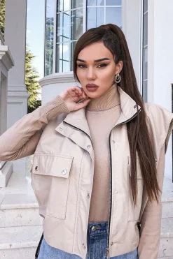 Rebellious Fashion Beige Faux Leather Sleeveless Gilet Jacket - Kierstan