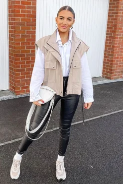 Rebellious Fashion Beige Faux Leather Sleeveless Gilet Jacket - Kierstan