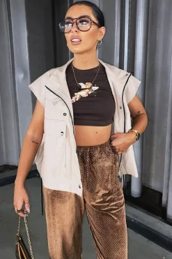 Rebellious Fashion Beige Faux Leather Sleeveless Gilet Jacket - Kierstan