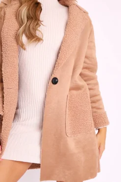 Rebellious Fashion Beige Faux Suede Shearling Coat - Izabella