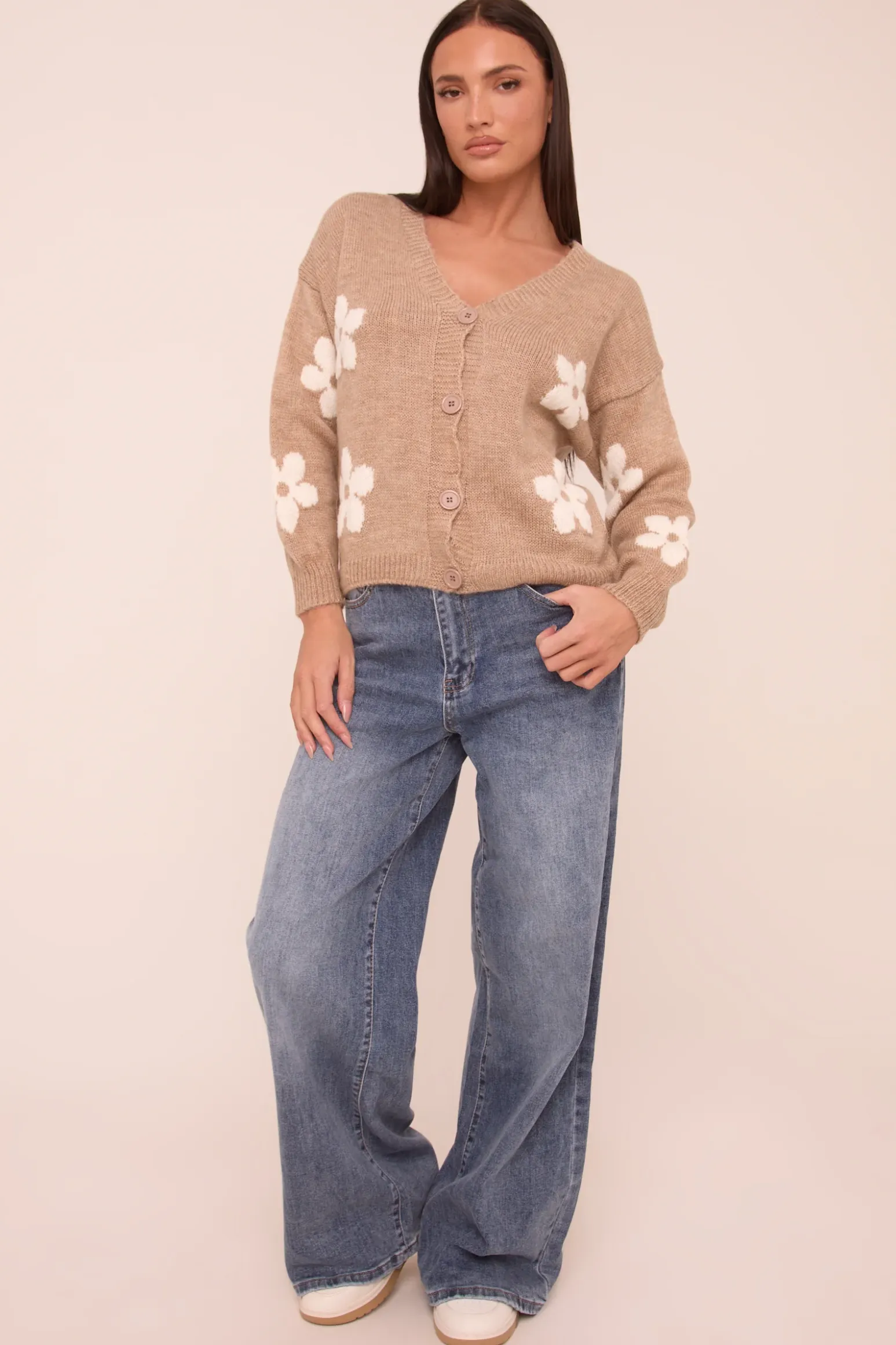 Rebellious Fashion Beige Floral Button Up Front Long Sleeves Cardigan - Poppy