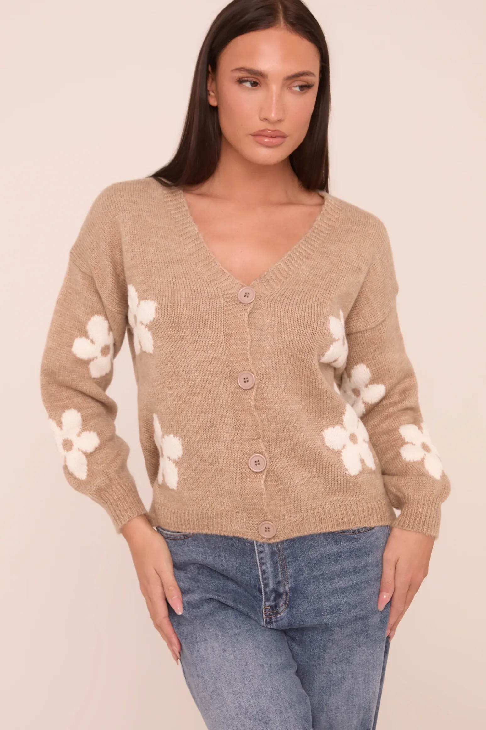 Rebellious Fashion Beige Floral Button Up Front Long Sleeves Cardigan - Poppy