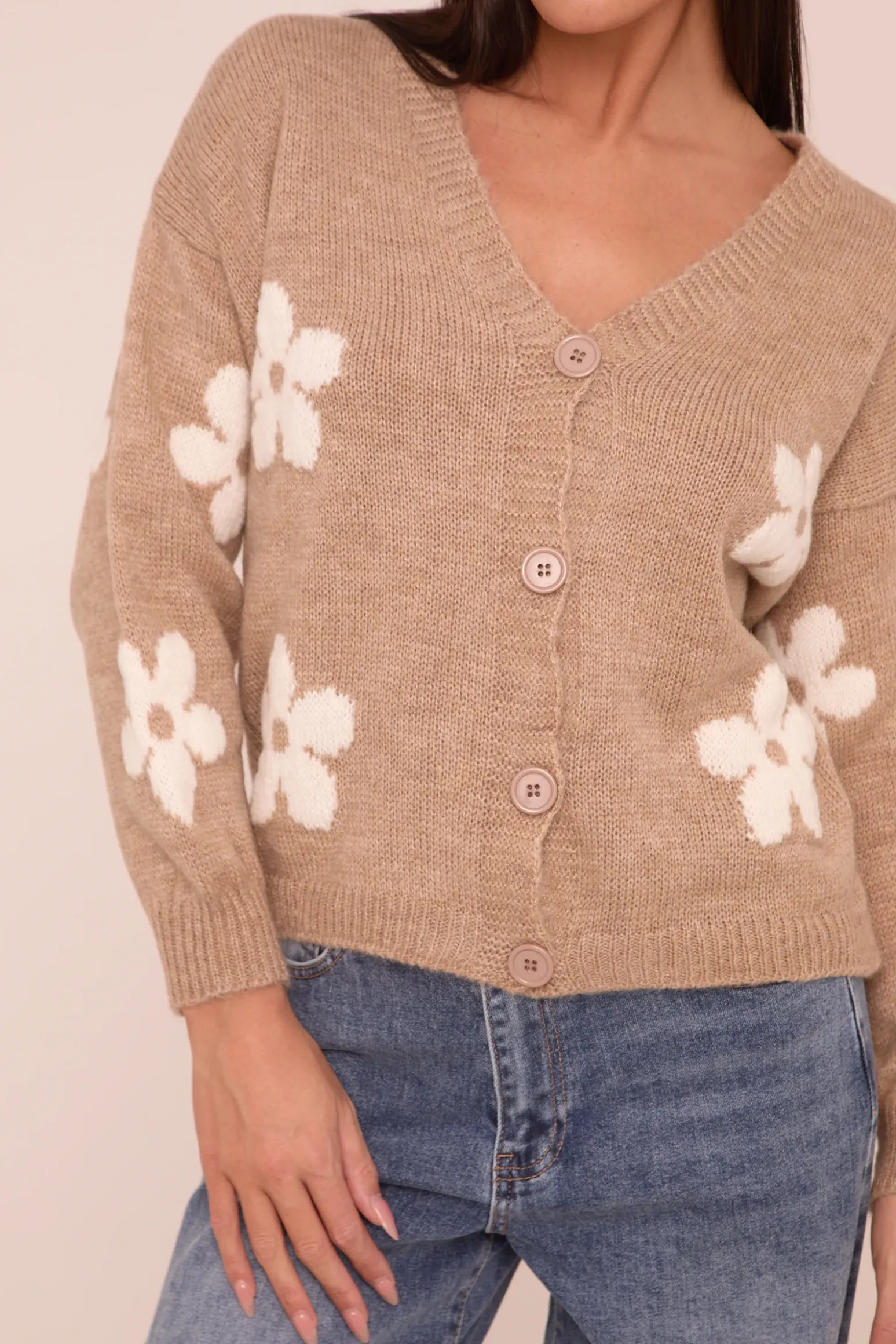 Rebellious Fashion Beige Floral Button Up Front Long Sleeves Cardigan - Poppy