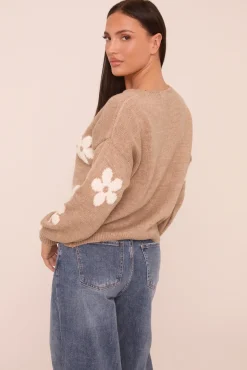 Rebellious Fashion Beige Floral Button Up Front Long Sleeves Cardigan - Poppy
