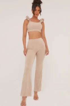 Rebellious Fashion Beige Frill Detail Cropped Top & Wide Leg Trousers Co-ord Set - Sophie