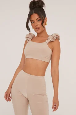 Rebellious Fashion Beige Frill Detail Cropped Top & Wide Leg Trousers Co-ord Set - Sophie