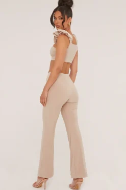 Rebellious Fashion Beige Frill Detail Cropped Top & Wide Leg Trousers Co-ord Set - Sophie