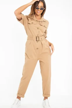 Rebellious Fashion Beige Front Button Belted Boiler Jumpsuit - Nyrah
