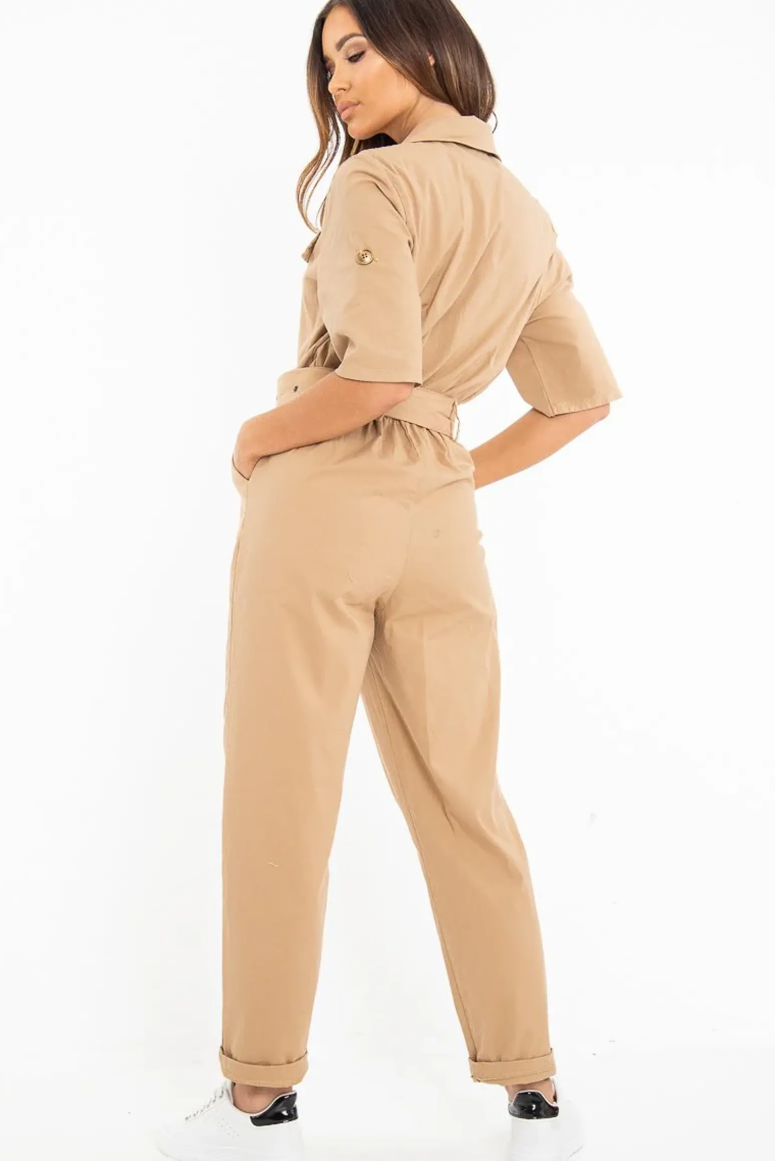 Rebellious Fashion Beige Front Button Belted Boiler Jumpsuit - Nyrah