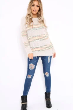 Rebellious Fashion Beige Fur Knit Jumper with colourful stripe detail - Anabella