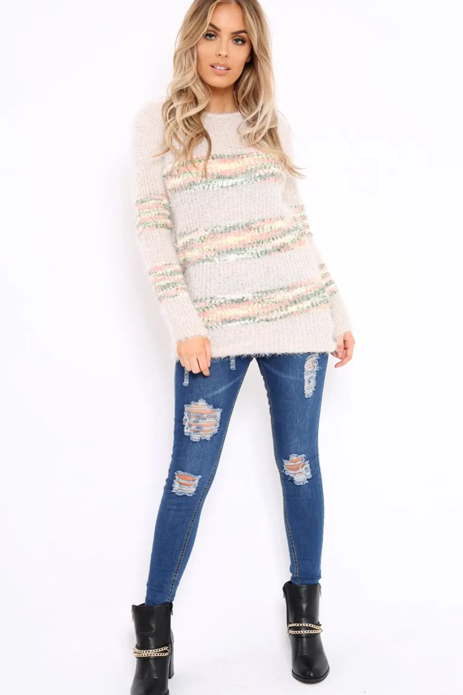 Rebellious Fashion Beige Fur Knit Jumper with colourful stripe detail - Anabella