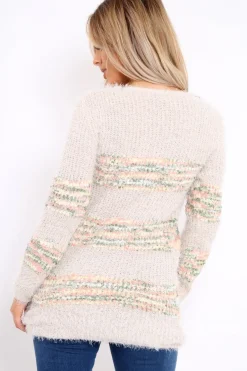Rebellious Fashion Beige Fur Knit Jumper with colourful stripe detail - Anabella