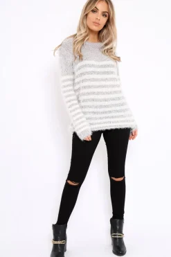 Rebellious Fashion Beige Fur Knit Stripe Jumper - Sicily