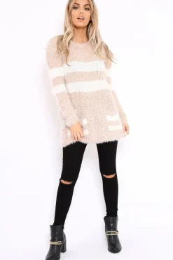 Rebellious Fashion Beige Fur Knit Wide Stripe Jumper Dress - Keeley