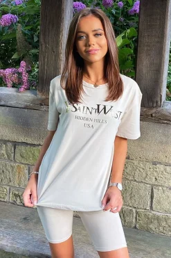 Rebellious Fashion Beige Gold Beverly Hills T-shirt Cycling Shorts Co-ord - Laura