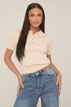 Rebellious Fashion Beige Gold Button Detail Knitted Top - Valencia