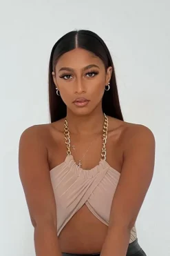 Rebellious Fashion Beige Gold Chain Halter Neck Crop Top - Leena