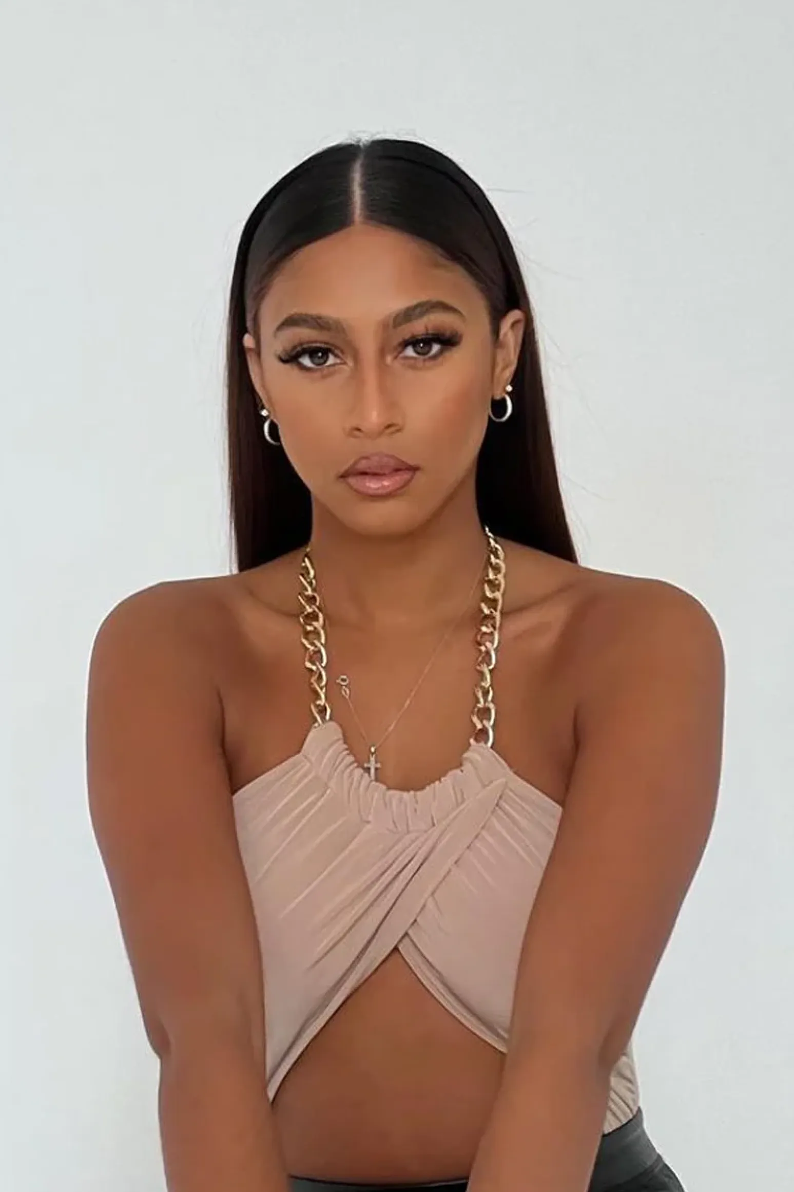 Rebellious Fashion Beige Gold Chain Halter Neck Crop Top - Leena